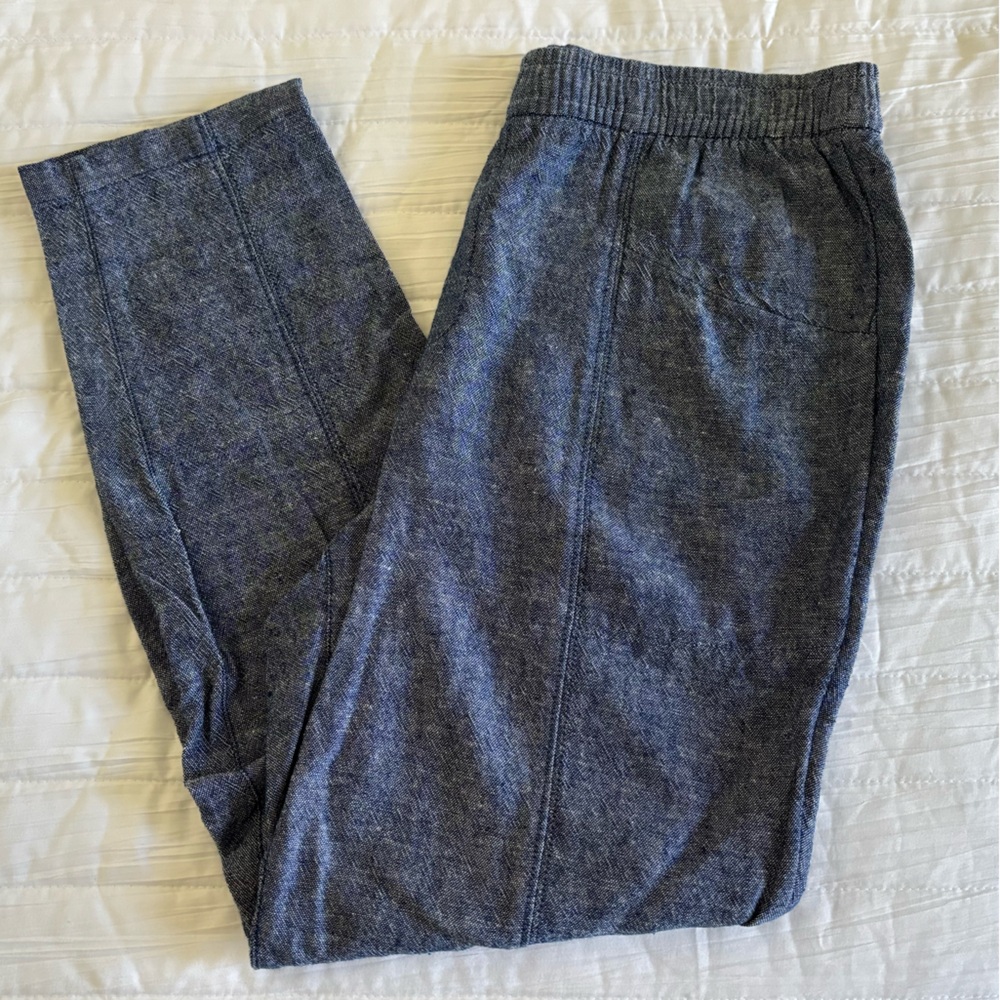 Old Navy Linen Crop Chambray Blue Pull On Pants Elastic Band Inside Tie Waist